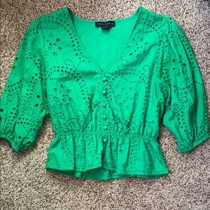 Sanctuary Green Eyelet V-Neck Peplum Blouse